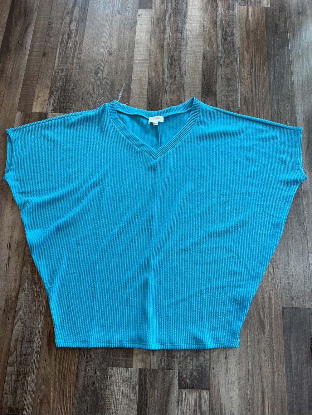ANDREE BY UNIT Teal V-Neck Ribbed Short Sleeve Top Sz lg